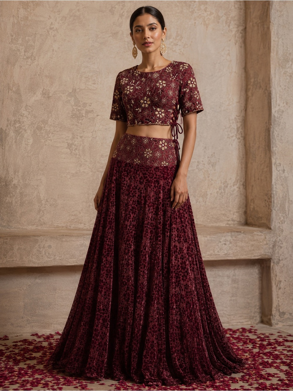 Vintage Burgundy Floral Velvet Maxi Skirt and Embroidered Crop Top Set